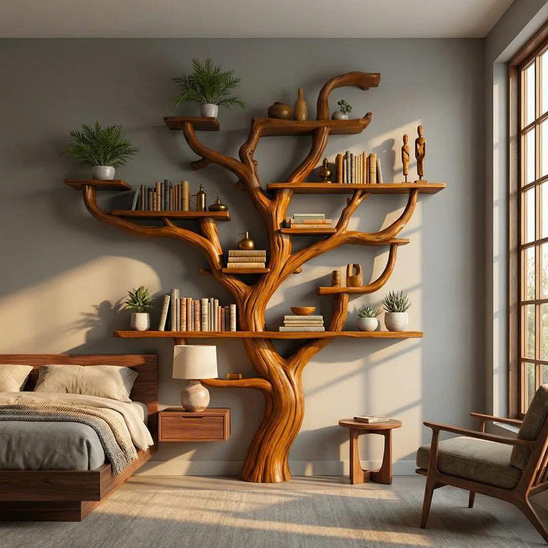 Wall Mounted Tree Branch Corner Bookshelf in Natural Wood in Brown finish